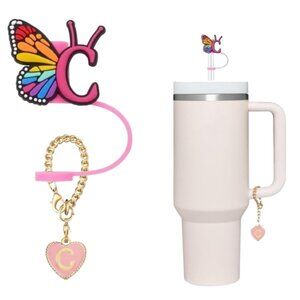 Butterfly and Heart Charm Drink Straw Cover Initial C